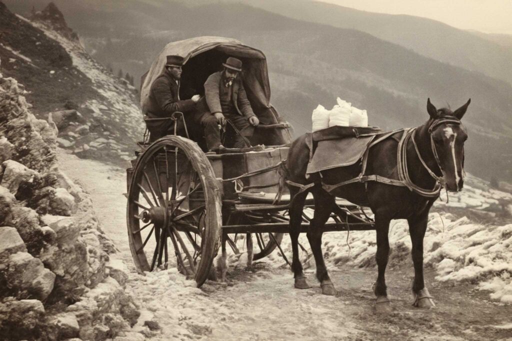 foto storica di un corriere con carrozza trainata da cavalli che trasportava alcuni sacchi di sale appennino centrale